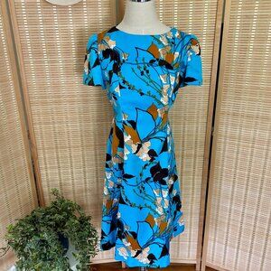 Vintage Dress 60's 70's Blue Floral A-Line Short Sleeve Dress